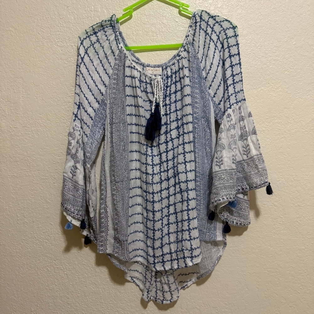 Lula Soul Womens‎ Small Blue White Cotton Boho Tassel Bell Sleeve Peasant Top